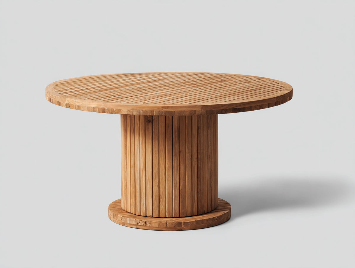 Gartentisch aus Holz 145 x 145 x 75 cm - Naturbraun - Rundes Lamellendesign mit massivem Säulenfuß